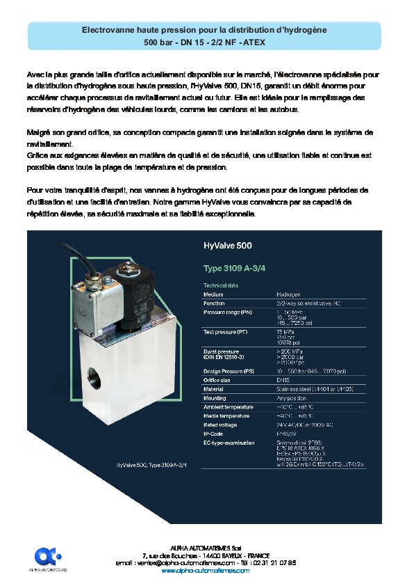 Image du document pdf : Electrovanne haute pression pour hydroge?ne - 500bar DN15 Atex  