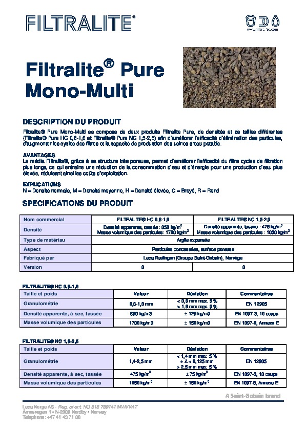 Image du document pdf : Fiche Produit Filtralite Pure Mono-Multi  