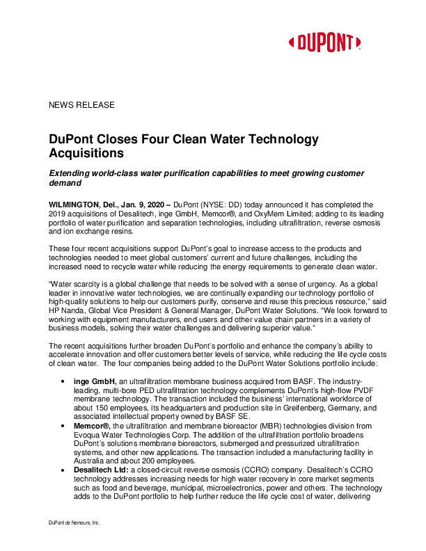 Image du document pdf : 2020-01-09 SC DUPONT CLOSES FOUR CLEAN WATER TECHNOLOGY ACQUISITIONS FINAL  