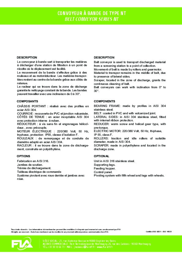 Image du document pdf : Fiche convoyeur à bande - Type NT001  