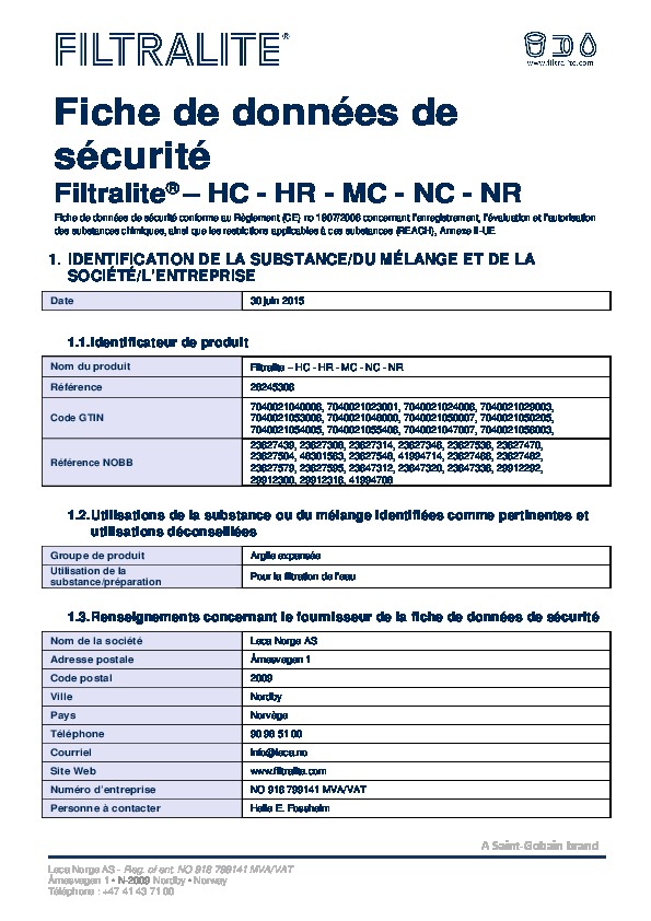 Image du document pdf : FDS Fiche de données de sécurité - Filtralite HC-HR-MC-NC-NR  