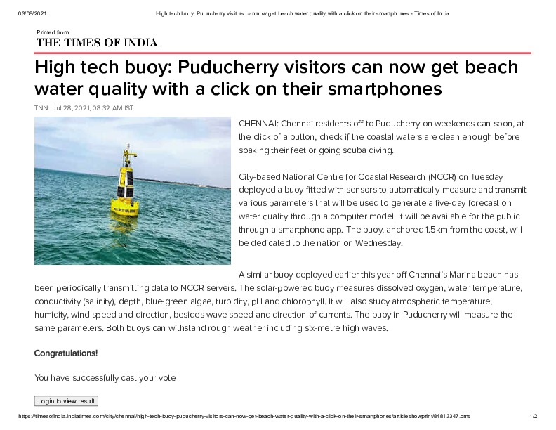 Image du document pdf : High tech buoy_ Puducherry visitors can now get beach water quality with a click on their smartphones - Times of India  