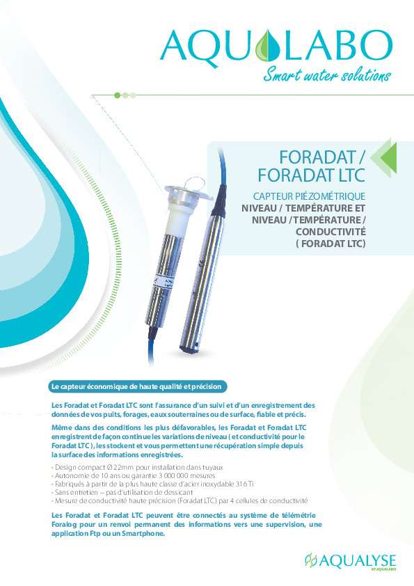 Image du document pdf : Fiche technique Capteur piézométrique FORADAT  