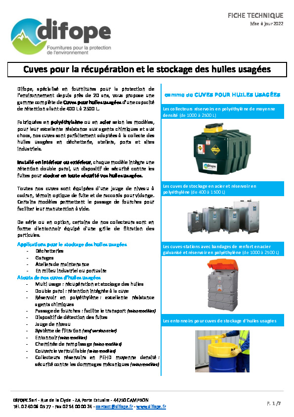 Image du document pdf : FT GAMME COMPLETE CUVES HUILES USAGEES - DIFOPE  