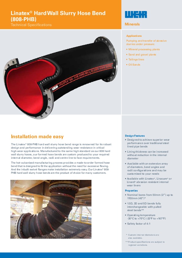 Image du document pdf : ENG - Linatex Hard Wall Slurry Hose Bend (808-PHB) Spec Sheet.pdf  