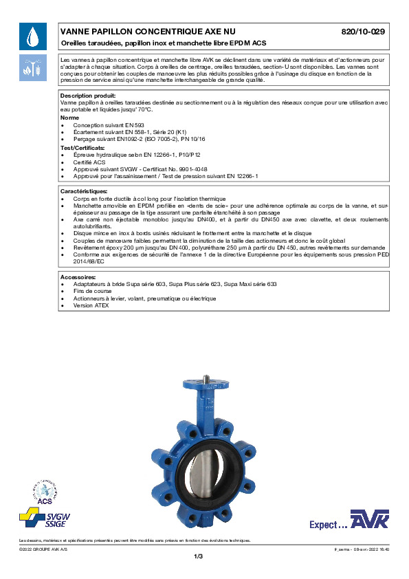 Image du document pdf : FT_Vanne papillon OT inox EPDM ACS nue 820-10-029_AVK010_FR  