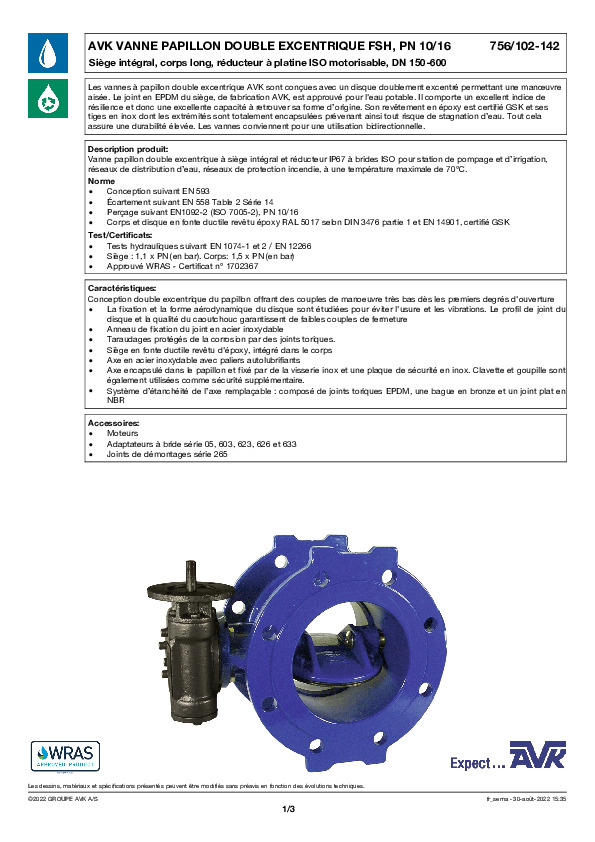 Image du document pdf : FT_Vanne papillon excentrique avec platine ISO motorisable_756-102-142_AVK010_FR  