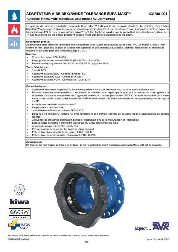 Image du document pdf : FT_Adaptateur à bride Supa Maxi_633-00-001_AVK010_FR  