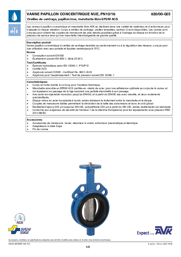 Image du document pdf : FT_Vanne papillon OC inox EPDM ACS nue 820-00-025_AVK010_FR  