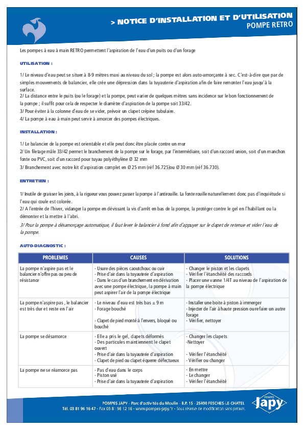 Image du document pdf : Notice  installation et utilisation pompe RETRO  