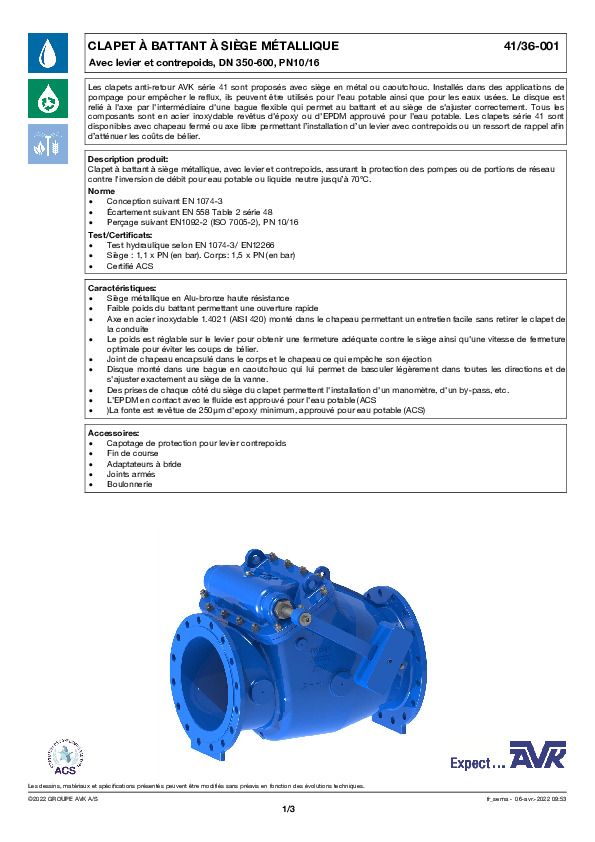 Image du document pdf : FT_Clapet à battant ac levier et contrepoids DN350-600_41-36-001_AVK010_FR  