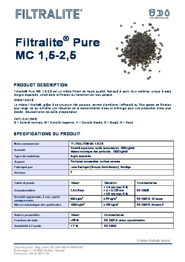 Image du document pdf : Fiche Produit Filtralite Pure MC 1,5-2,5  