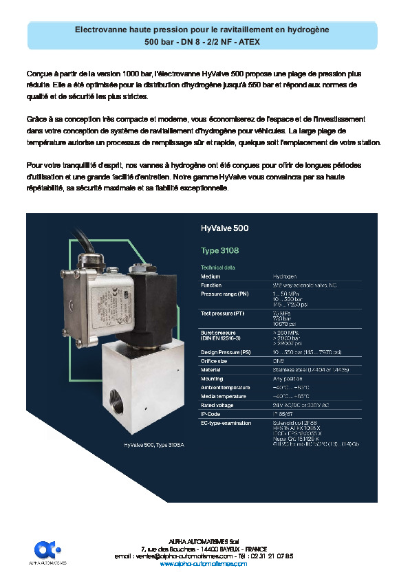 Image du document pdf : Electrovanne haute pression pour hydroge?ne - 500bar DN8 Atex  