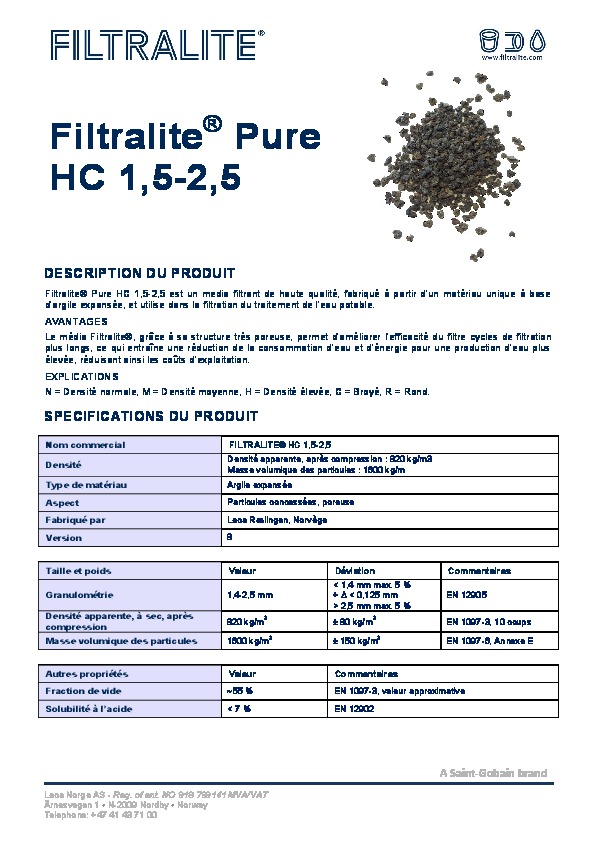 Image du document pdf : Fiche Produit Filtralite Pure HC 1,5-2,5  