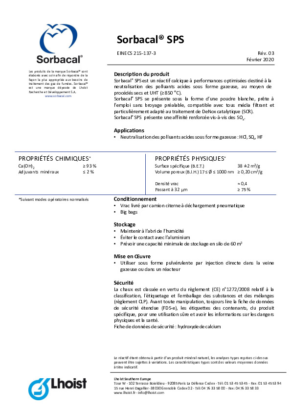 Image du document pdf : Fiche Produit - Sorbacal SPS  