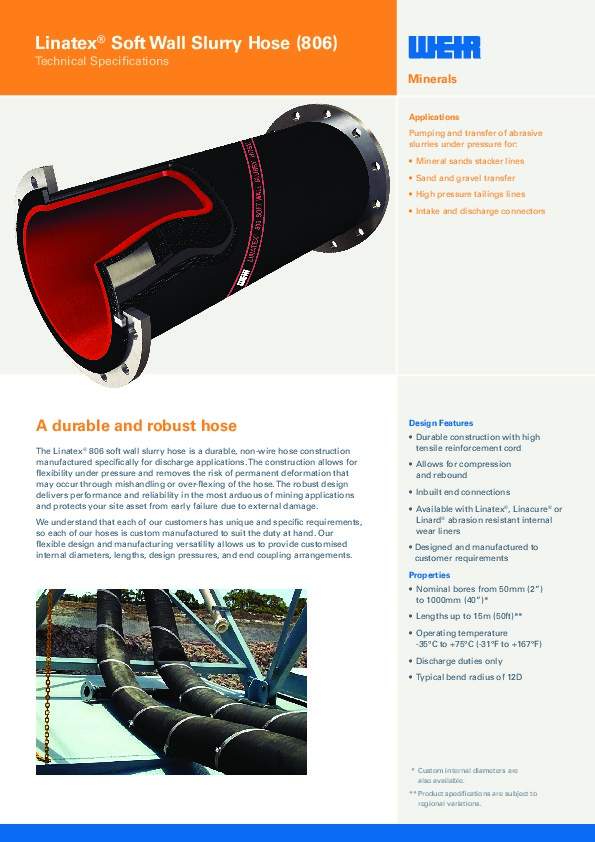 Image du document pdf : ENG - Linatex 806 Soft Wall Hose Spec Sheet.pdf  