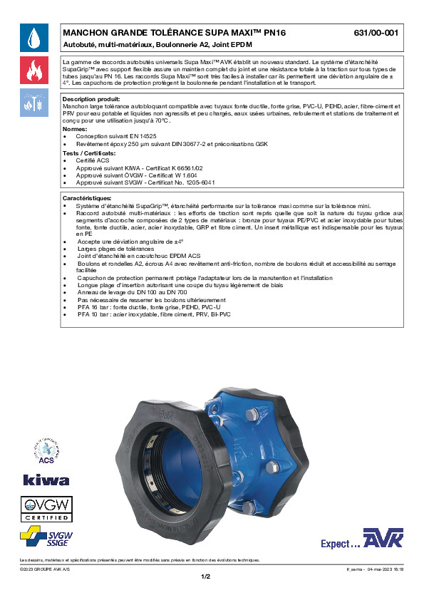 Image du document pdf : FT_Manchon symetrique Supa Maxi_631-00-001_AVK010_FR  