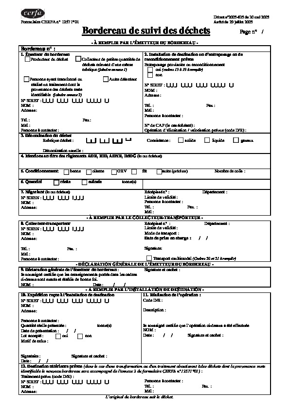 Image du document pdf : Bordereau de suivi des déchets CITY DEBARRAS ENVIRONNEMENT   