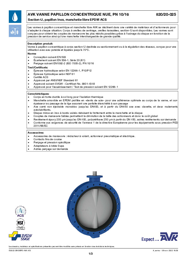 Image du document pdf : FT_Vanne papillon section U Inox EPDM ACS nue 820-20-025_AVK010_FR  