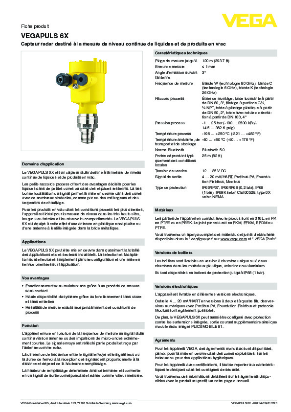 Image du document pdf : Fiche produit VEGAPULS6X  