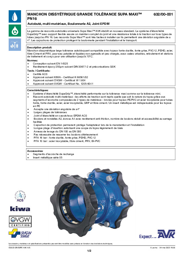 Image du document pdf : FT_Manchon dissymétrique Supa Maxi_632-00-001_AVK010_FR  