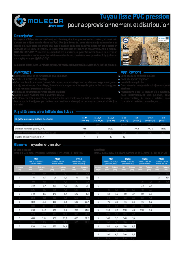 Image du document pdf : Fiche Tuyau lisse PVC pression  