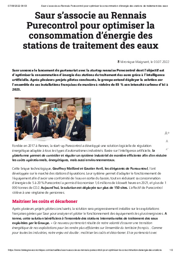 Image du document pdf : Saur s’associe au Rennais Purecontrol pour optimiser la consommation d’énergie des stations de traitement des eaux  