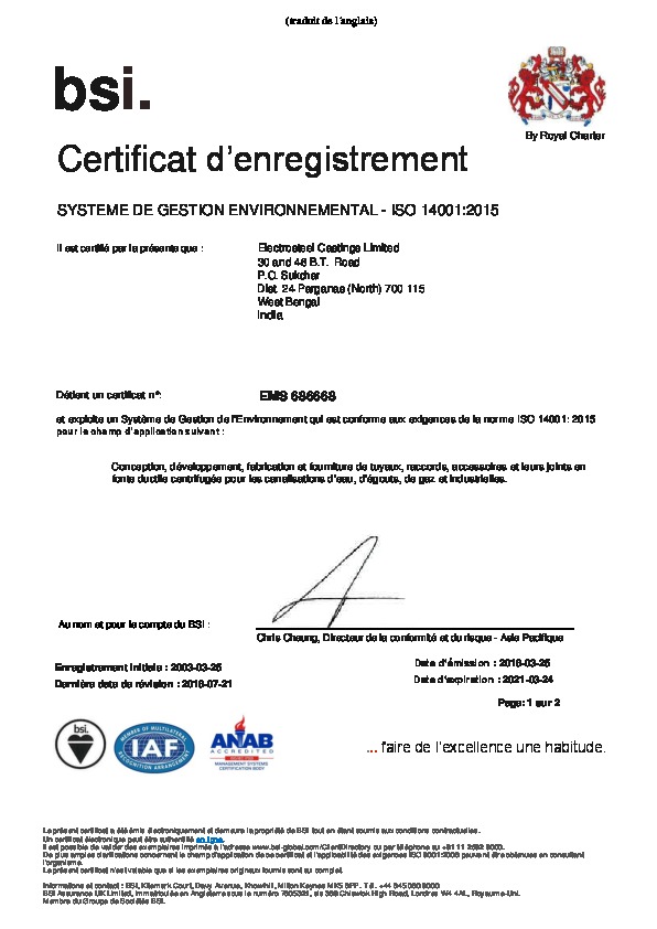 Image du document pdf : Certificat Electrosteel ISO 14001.pdf  