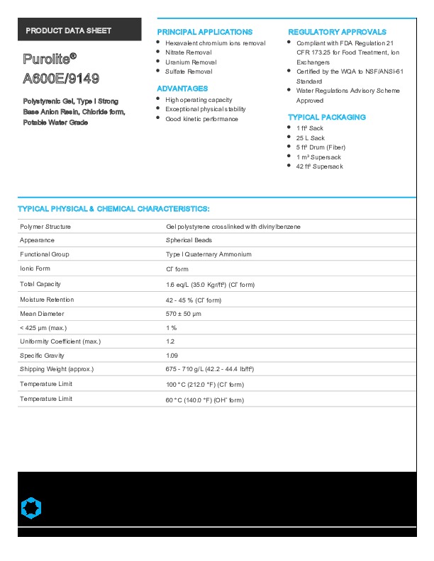 Image du document pdf : TDS Purolite A600E-9149  