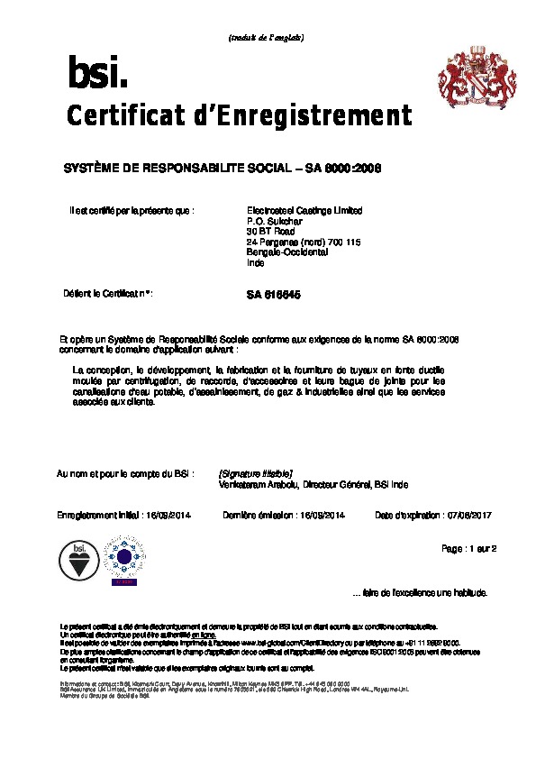 Image du document pdf : Certificat Electrosteel SA 8000.pdf  