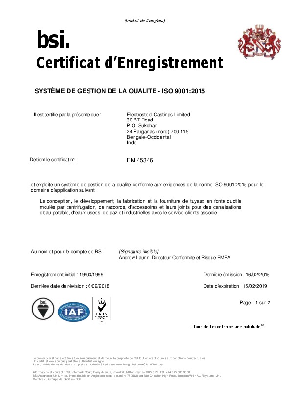 Image du document pdf : Certificat Electrosteel ISO 9001.pdf  