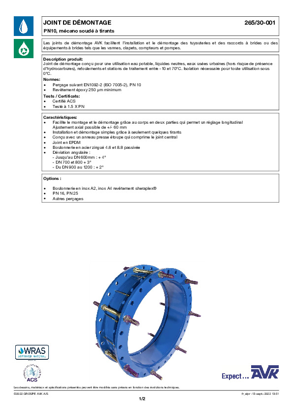 Image du document pdf : FT_Joint de démontage grand diamètre PN10_265-30-001_AVK010_FR  