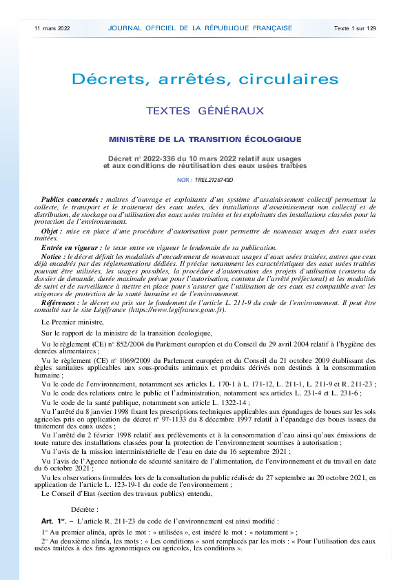 Image du document pdf : D&eacute;cret no 2022-336 du 10 mars 2022 relatif aux usages et aux conditions de r&eacute;utilisation des eaux us&eacute;es trait&eacute;es  