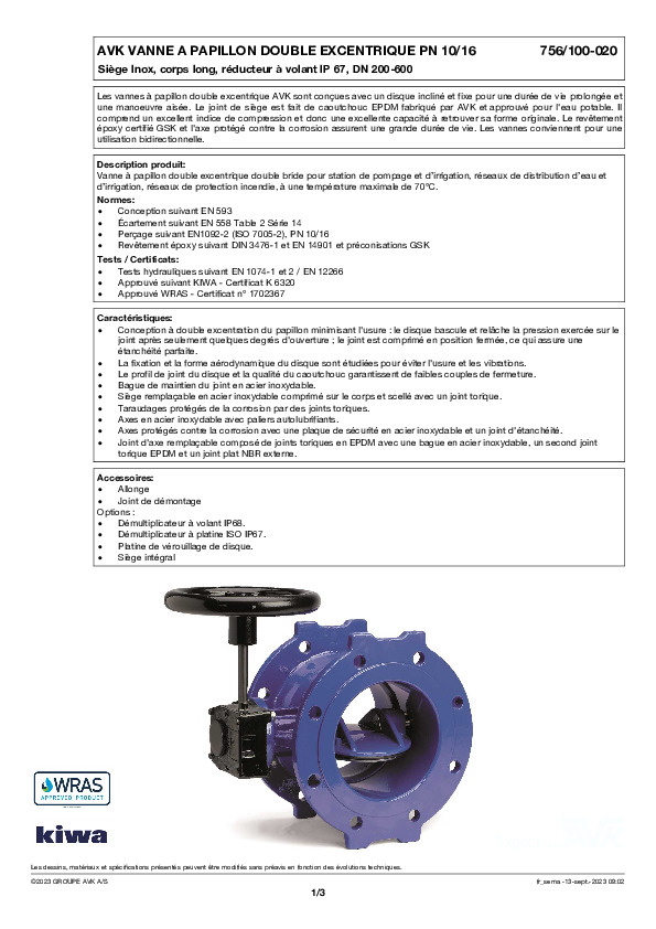 Image du document pdf : FT_Vanne papillon excentrique siege inox volant FSH_756-100-020_AVK010_FR  