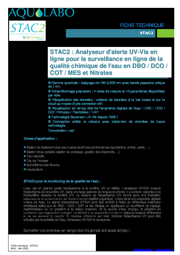 Image du document pdf : Fiche technique Analyseur en ligne UV VIS STAC2  