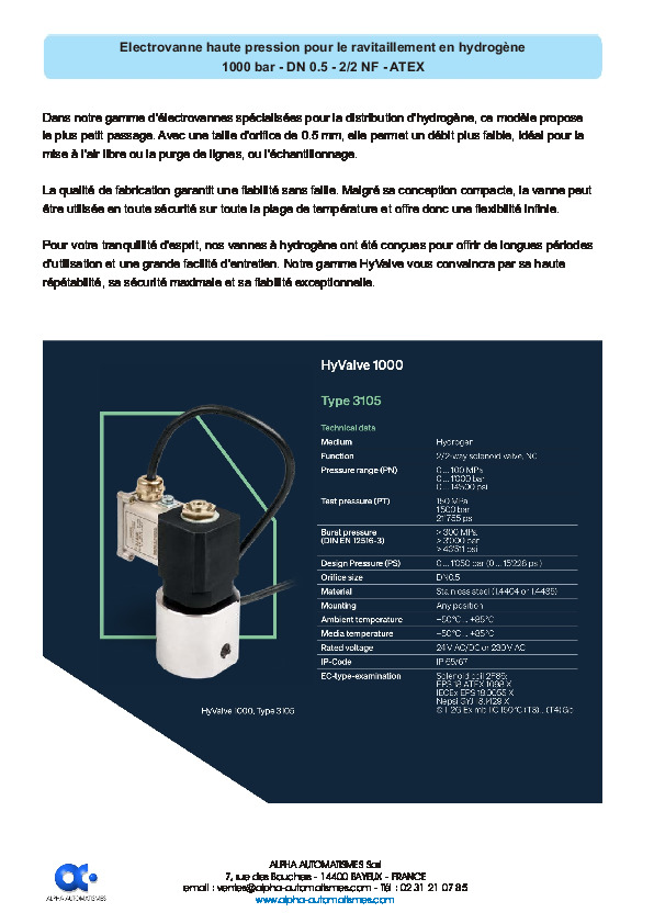 Image du document pdf : Electrovanne haute pression pour hydroge?ne - 1000bar DN0,5 Atex  