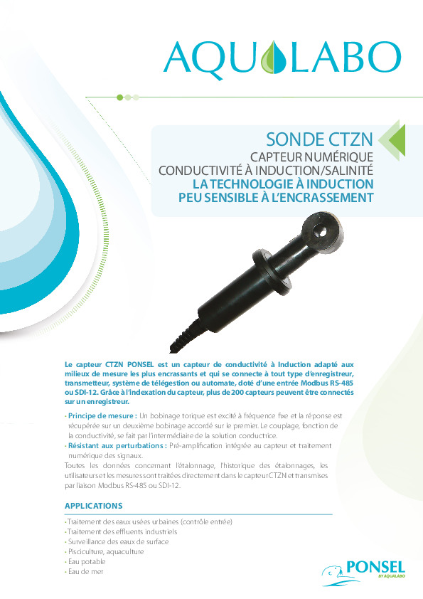 Image du document pdf : Fiche technique Capteur numérique Conductivité Induction CTZN  