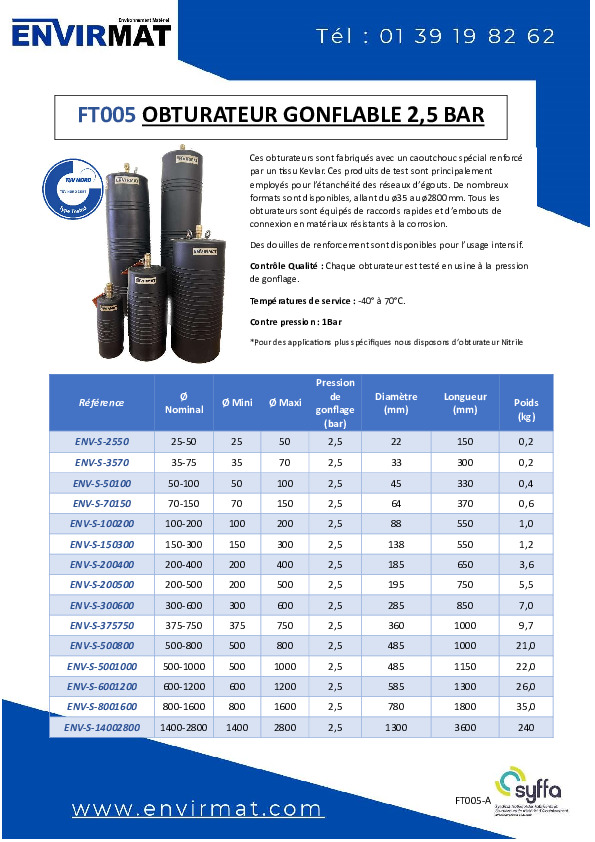 Image du document pdf : FT005 Obturateur Gonflable 2,5 Bar  