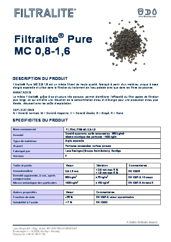 Image du document pdf : Fiche Produit Filtralite Pure MC 0,8-1,6  